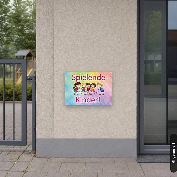 KI-generiertes Anwendungsbeispiel für Schild Achtung spielende Kinder Hinweisschild: Schild klein und realistisch am passenden Einsatzort dargestellt.