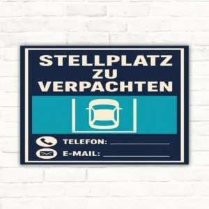Stellplatz zu verpachten Schild mit Parkplatzsymbol, Telefon- und E-Mail-Feldern, Hochformat für Parkplatz und Pachtangebot.