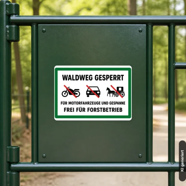KI-generiertes Anwendungsbeispiel: Waldweg gesperrt Aufkleber mit Forstbetriebs-Hinweis an einer glatten Torfläche im Revier.