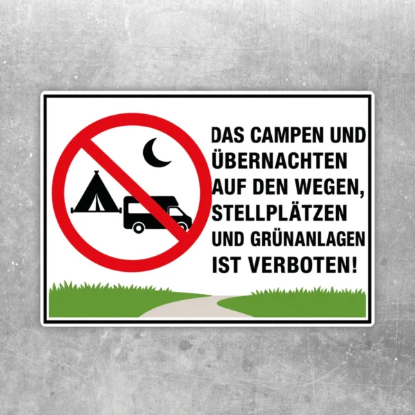 Campen und Übernachten verboten Aufkleber mit rotem Verbotszeichen, Zelt, Wohnmobil und Text für Außenflächen.