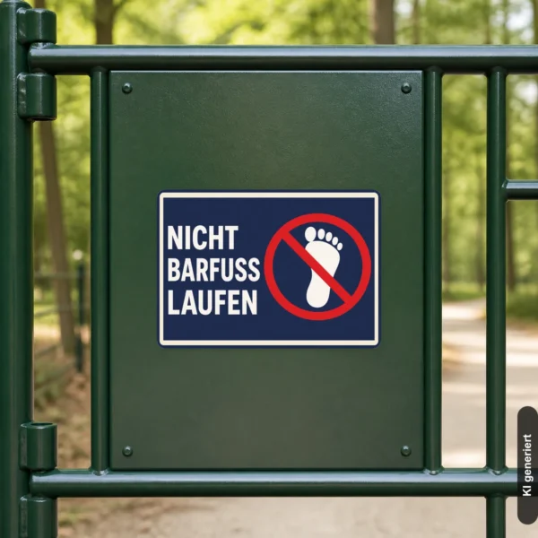 KI-generiertes Anwendungsbeispiel: Nicht barfuß laufen Aufkleber im Querformat mit rotem Verbotssymbol und deutlichem Hinweistext.
