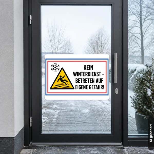 KI-generiertes Anwendungsbeispiel: Kein Winterdienst Aufkleber an einer Eingangstür mit Warnsymbol und gut lesbarer Winterhinweis-Botschaft.