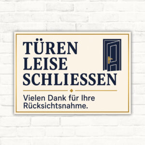 Türen leise schließen Schild – Rücksichtnahme Hinweis im Querformat mit gut lesbarem Motiv und klarer Beschriftung als bedrucktes Schild aus Aluminium-Verbundplatte.