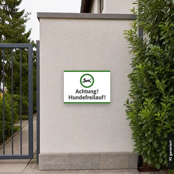 KI-generiertes Anwendungsbeispiel für Schild Achtung Hundefreilauf Hinweis: Schild klein und realistisch am passenden Einsatzort dargestellt.