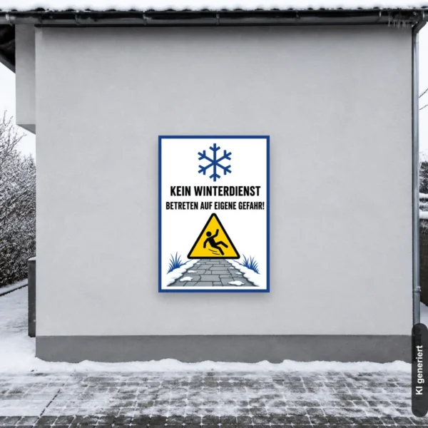 KI-generiertes Anwendungsbeispiel: Hochformat-Warnschild „Kein Winterdienst – Betreten auf eigene Gefahr!“ für einen vereisten Zugang.