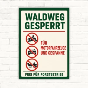 Waldweg gesperrt Schild mit Verbotssymbolen für Motorfahrzeuge, Gespanne und Forstbetrieb in grün und rot.