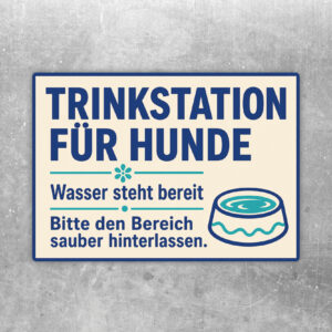 Querformatiger Aufkleber Trinkstation für Hunde mit trinkendem Hund, Wassernapf und Hinweis zum Sauberhalten des Bereichs.