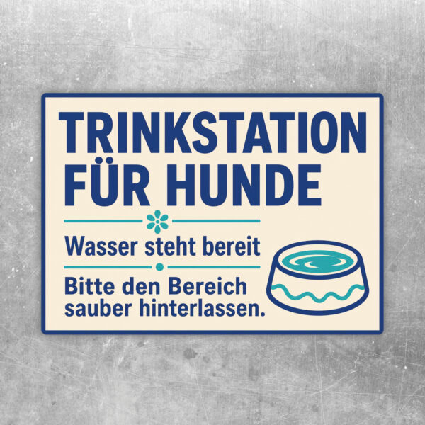 Querformatiger Aufkleber Trinkstation für Hunde mit trinkendem Hund, Wassernapf und Hinweis zum Sauberhalten des Bereichs.