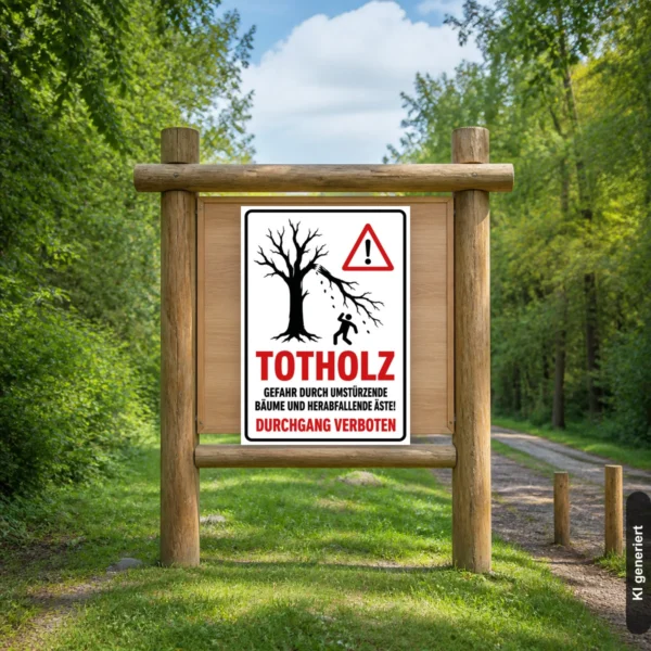 KI-generiertes Anwendungsbeispiel: Totholz Durchgang verboten Schild im Wald an einem gesperrten Weg mit deutlicher Warnung vor Astbruch.