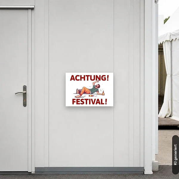 KI-generiertes Anwendungsbeispiel für Schild Achtung Festival: Schild klein und realistisch am passenden Einsatzort dargestellt.