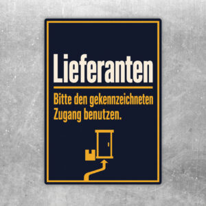 Lieferanten Aufkleber mit gelbem Weg, Sackkarre und Hinweis Bitte den gekennzeichneten Zugang benutzen.