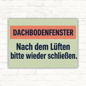 Dachbodenfenster Schild mit Wortlaut „Nach dem Lüften bitte wieder schließen“ als bedrucktes Hinweisschild im Querformat.