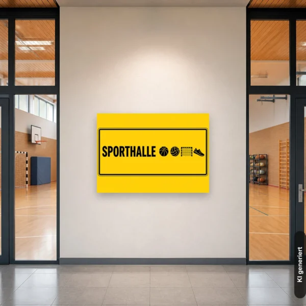 KI-generiertes Anwendungsbeispiel: Gelbes Sporthalle-Schild mit schwarzem Schriftzug und Sportsymbolen an einer Hallentür.