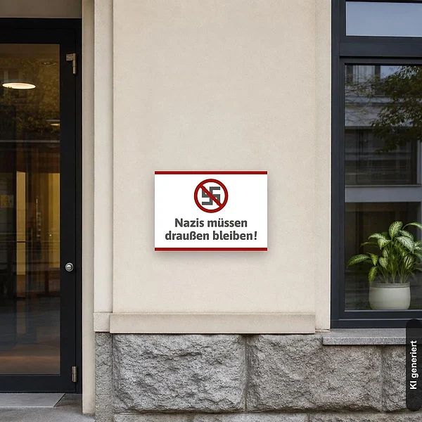 KI-generiertes Anwendungsbeispiel für Nazis bleiben draußen! Schild mit durchgestrichenem Hakenkreuz: Schild klein und realistisch am passenden Einsatzort dargestellt.