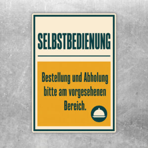 Selbstbedienung Aufkleber mit Thekenmotiv, Hinweis zu Bestellung und Abholung im vorgesehenen Bereich.
