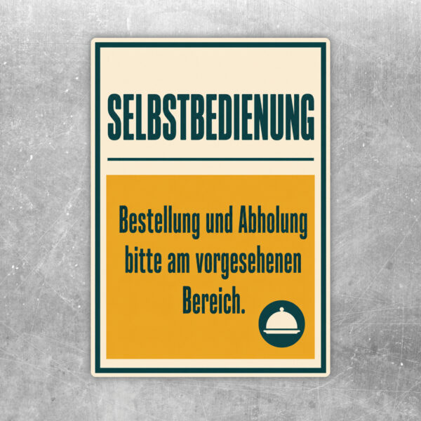 Selbstbedienung Aufkleber mit Thekenmotiv, Hinweis zu Bestellung und Abholung im vorgesehenen Bereich.