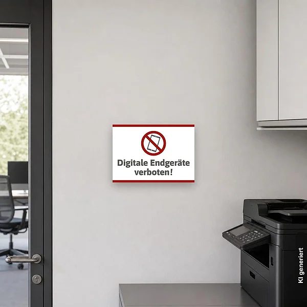 KI-generiertes Anwendungsbeispiel für Schild Digitale Endgeräte verboten: Schild klein und realistisch am passenden Einsatzort dargestellt.
