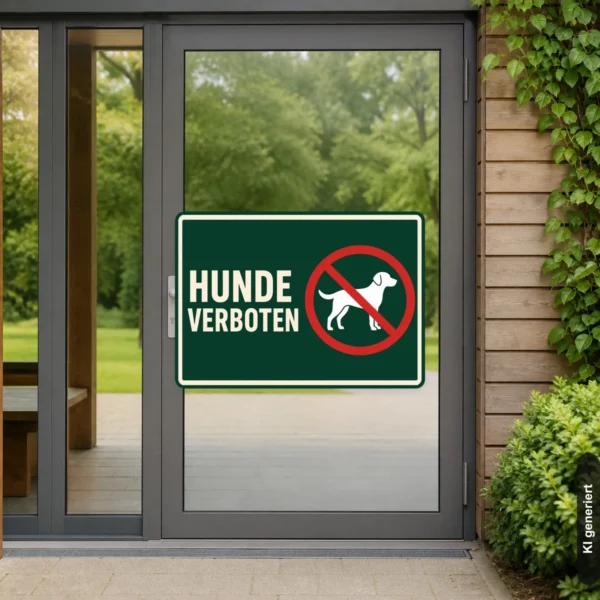 KI-generiertes Anwendungsbeispiel: Hunde verboten Aufkleber quer auf einer dunklen Türfläche mit klar sichtbarem Verbotssymbol.