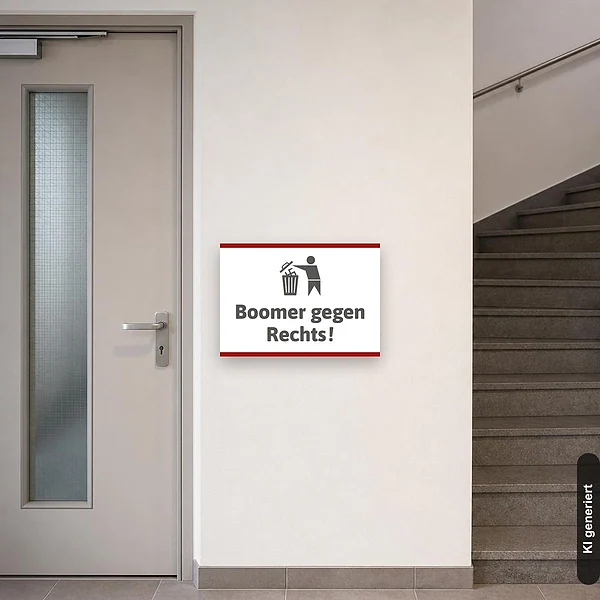 KI-generiertes Anwendungsbeispiel für Schild Boomer gegen Rechts: Schild klein und realistisch am passenden Einsatzort dargestellt.
