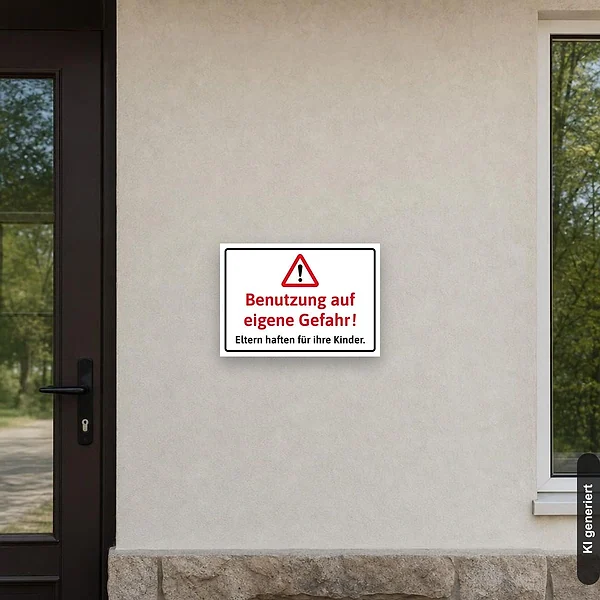 KI-generiertes Anwendungsbeispiel für Schild Benutzung auf eigene Gefahr - Eltern haften für ihre Kinder: Schild klein und realistisch am passenden Einsatzort dargestellt.