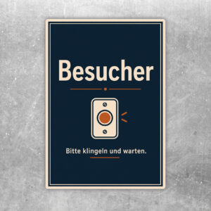 Vintage-Aufkleber mit Text Besucher bitte klingeln und warten, Haustürmotiv in Creme, Dunkelblau und Orange.