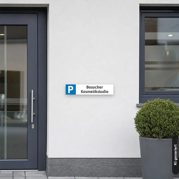KI-generiertes Anwendungsbeispiel für Schild Parkplatzschild Kennzeichenschild Besucher Kosmetikstudio: Schild klein und realistisch am passenden Einsatzort dargestellt.