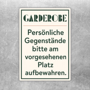 Garderobe Aufkleber im Hochformat mit Mantel, Tasche und Hinweis zur Aufbewahrung persönlicher Gegenstände.