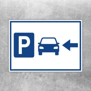 Blauer Parkplatzschild links mit Pfeil Aufkleber mit Piktogramm, Auto und Richtungspfeil für klare Parkplatzführung.