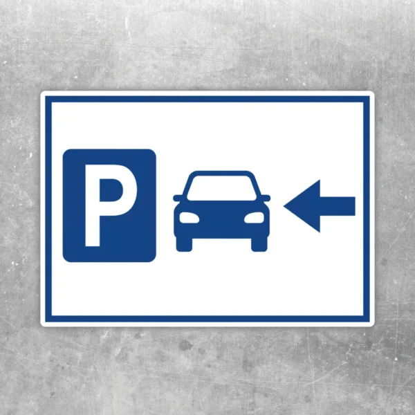 Blauer Parkplatzschild links mit Pfeil Aufkleber mit Piktogramm, Auto und Richtungspfeil für klare Parkplatzführung.