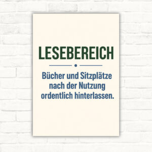 Lesebereich Schild – Bücher und Sitzplätze ordentlich hinterlassen mit gut lesbarem Motiv und klarer Beschriftung als bedrucktes Schild aus Aluminium-Verbundplatte.