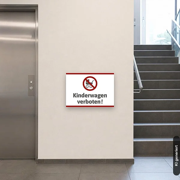 KI-generiertes Anwendungsbeispiel für Schild Kinderwagen verboten: Schild klein und realistisch am passenden Einsatzort dargestellt.