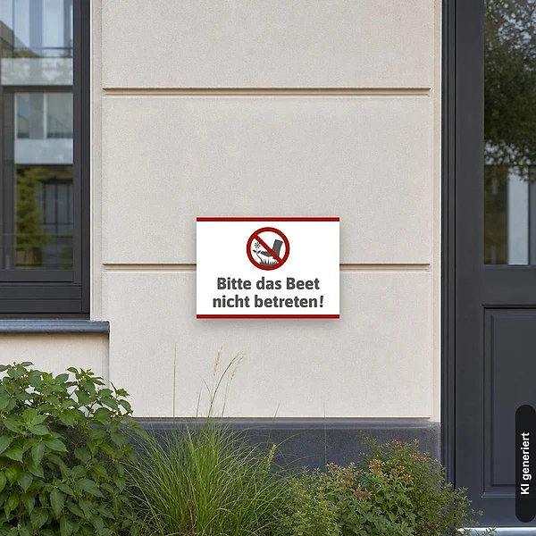 KI-generiertes Anwendungsbeispiel für Schild Bitte das Beet nicht betreten: Schild klein und realistisch am passenden Einsatzort dargestellt.