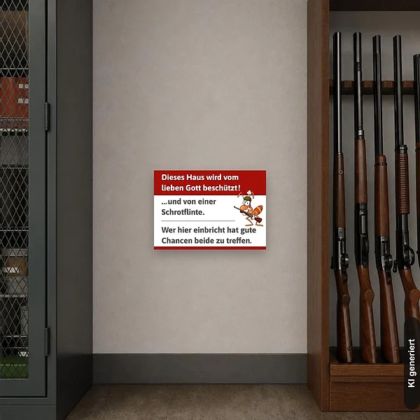 KI-generiertes Anwendungsbeispiel für Schild Vorsicht nicht einbrechen - Gefahr: Schild klein und realistisch am passenden Einsatzort dargestellt.