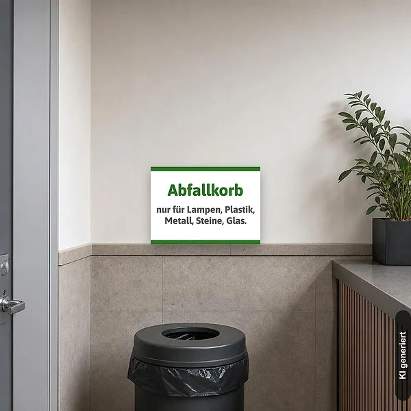 KI-generiertes Anwendungsbeispiel für Abfallkorb Schild nur für Lampen, Plastik, Metall, Steine, Glas: Schild klein und realistisch am passenden Einsatzort dargestellt.