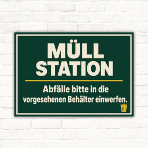 Müllstation Schild mit Wortlaut „Abfälle bitte in die vorgesehenen Behälter einwerfen“ und illustrierter Müllstation.