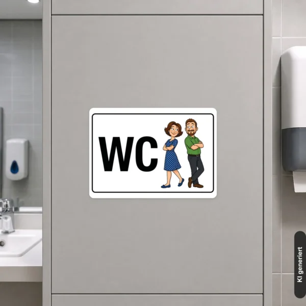 KI-generiertes Anwendungsbeispiel: WC Aufkleber mit Figuren und großem WC-Schriftzug an einer Sanitärtür.