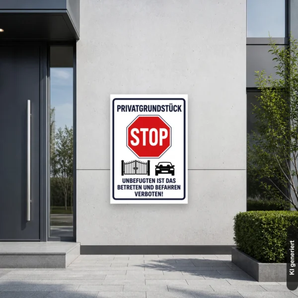 KI-generiertes Anwendungsbeispiel: Privatgrundstück-Stop-Schild an einer Hofeinfahrt mit rotem STOP-Zeichen und Verbot des Betretens und Befahrens.