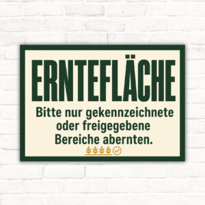 Erntefläche Schild mit Wortlaut „Bitte nur gekennzeichnete oder freigegebene Bereiche abernten“ und Gartenszene.