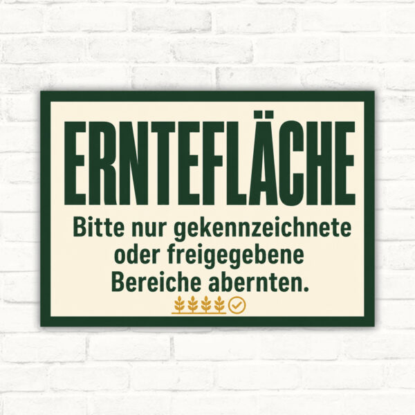 Erntefläche Schild mit Wortlaut „Bitte nur gekennzeichnete oder freigegebene Bereiche abernten“ und Gartenszene.