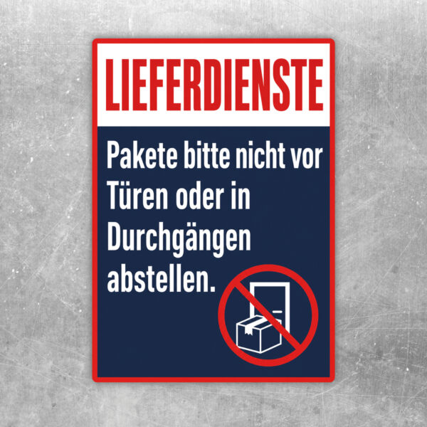 Lieferdienste Aufkleber mit Flurmotiv und Hinweis, Pakete nicht vor Türen oder in Durchgängen abzustellen.