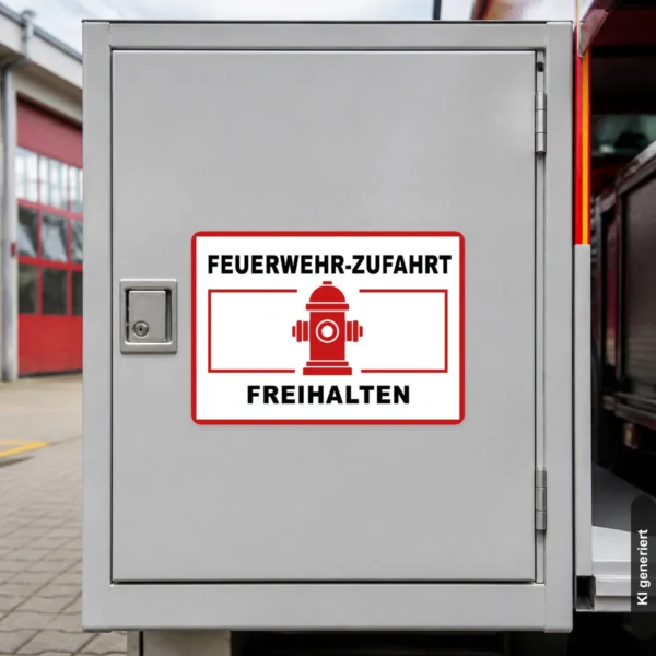 KI-generiertes Anwendungsbeispiel: Feuerwehrzufahrt freihalten Aufkleber an einem Torpfosten einer gepflasterten Hofeinfahrt.