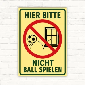 Hier bitte nicht ball spielen Schild mit Fußball, rotem Verbotszeichen und Fenster auf gelbem Grund in Hochformat.