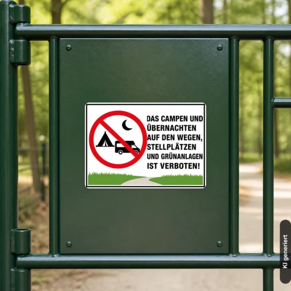 KI-generiertes Anwendungsbeispiel: Campen und Übernachten verboten Aufkleber an einer Einfahrt mit klar sichtbarem Verbotssymbol.