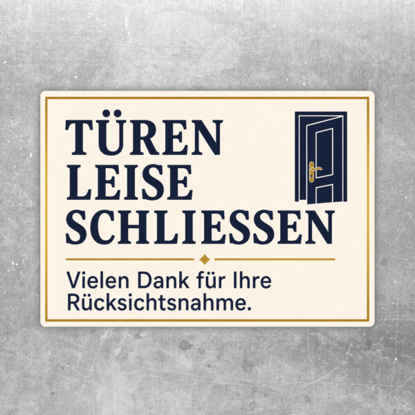 Türen leise schließen Aufkleber im Querformat mit beigem Hintergrund, violetter Tür und Rücksichtnahme-Hinweis.