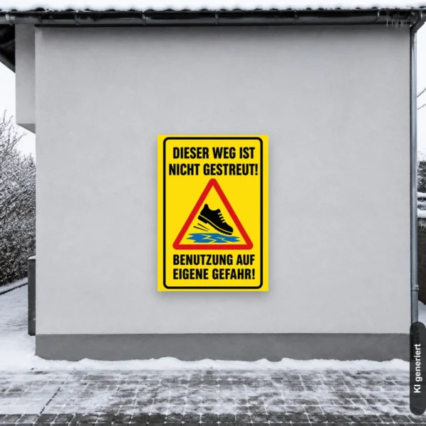 KI-generiertes Anwendungsbeispiel: Hochformat-Warnschild „Dieser Weg ist nicht gestreut! Benutzung auf eigene Gefahr!“ mit Rutschsymbol für den Eingangsbereich.