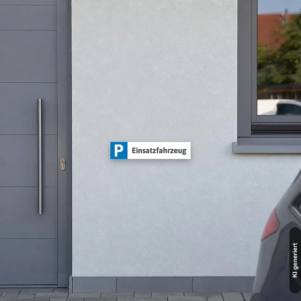 KI-generiertes Anwendungsbeispiel für Schild Parkplatzschild Kennzeichenschild Parkplatz Einsatzfahrzeug: Schild klein und realistisch am passenden Einsatzort dargestellt.