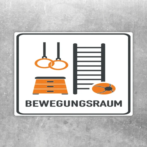 Bewegungsraum Aufkleber mit Sportmotiv in Weiß, Orange und Dunkelgrau für Türen und glatte Flächen.