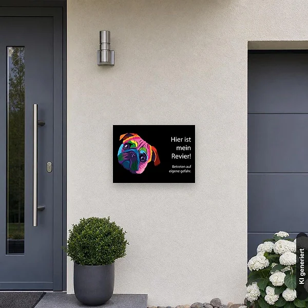 KI-generiertes Anwendungsbeispiel für Schild Warnung Mops - Betreten auf eigene Gefahr: Schild klein und realistisch am passenden Einsatzort dargestellt.