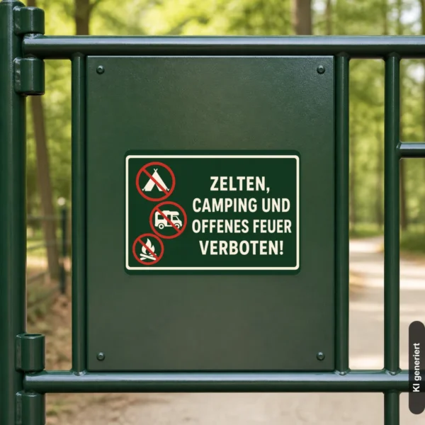 KI-generiertes Anwendungsbeispiel: Grüner Verbotsaufkleber mit Zelt-, Wohnmobil- und Feuersymbol auf einer Außentür angebracht.