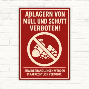 Rotes Verbotsschild mit Text „Ablagern von Müll und Schutt verboten!“ und durchgestrichenem Müllsymbol.